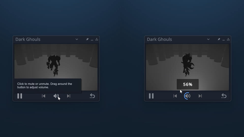 Two Game in Picture overlays showing mute and a game volume percentage.