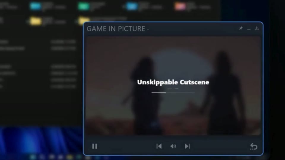 A game cutscene playing inside the Game in Picture overlay while the desktop stays in use.
