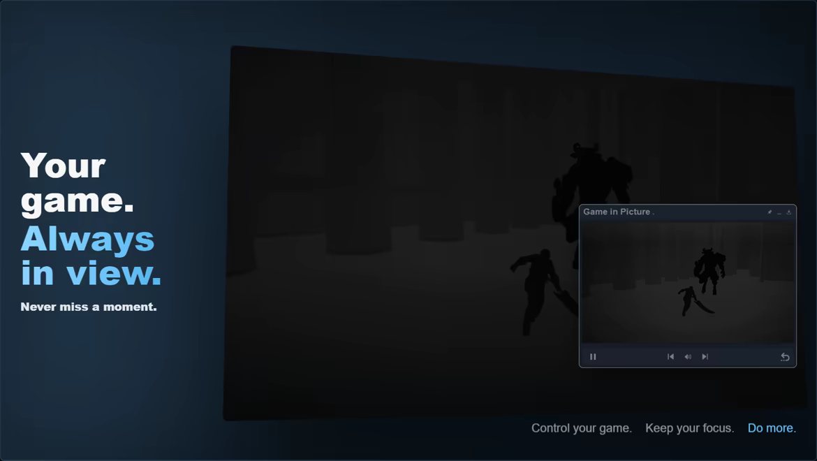 Game in Picture keeping a live game scene visible over another desktop task.
