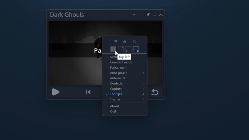 The Game in Picture context menu open over a game, with entries for Settings, Compact mode, Fullscreen, Auto-pause, Auto-mute, Controls, Capture, Tooltips and Theme, plus corner-position buttons showing a Top left tooltip.
