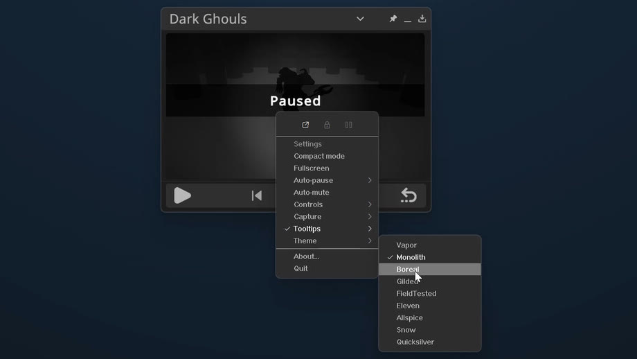 The Game in Picture theme submenu open over a paused game, listing Vapor, Monolith, Boreal, Gilded, FieldTested, Eleven, Allspice, Snow and Quicksilver, with Monolith currently selected.